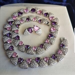 Swarovski Elements Clear Pave, Pink & Purple Triangle Statement Necklace SET NEW